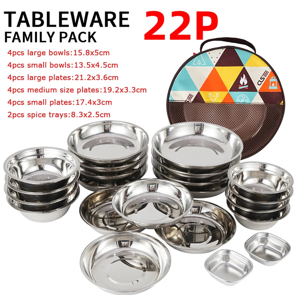 17/22Pcs Set Camping Stainless Steel Dinner Dish Plate Durable Outdoor Picnic Tableware Salad Bowl Food Container Picnic Travel
