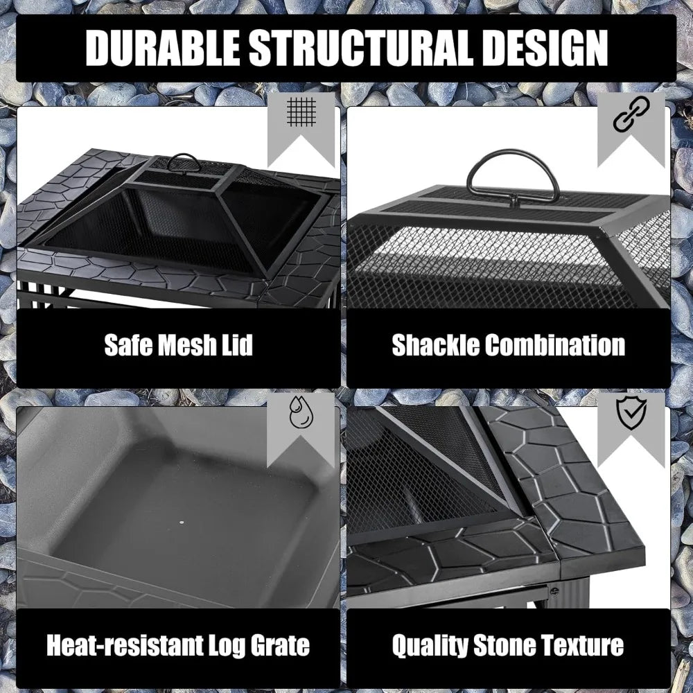 Fire Pit Table 32 Inch Square Metal Stove for Patio, Backyard, Garden | Multifunctional Outdoor Fireplace for Camping, Heating,