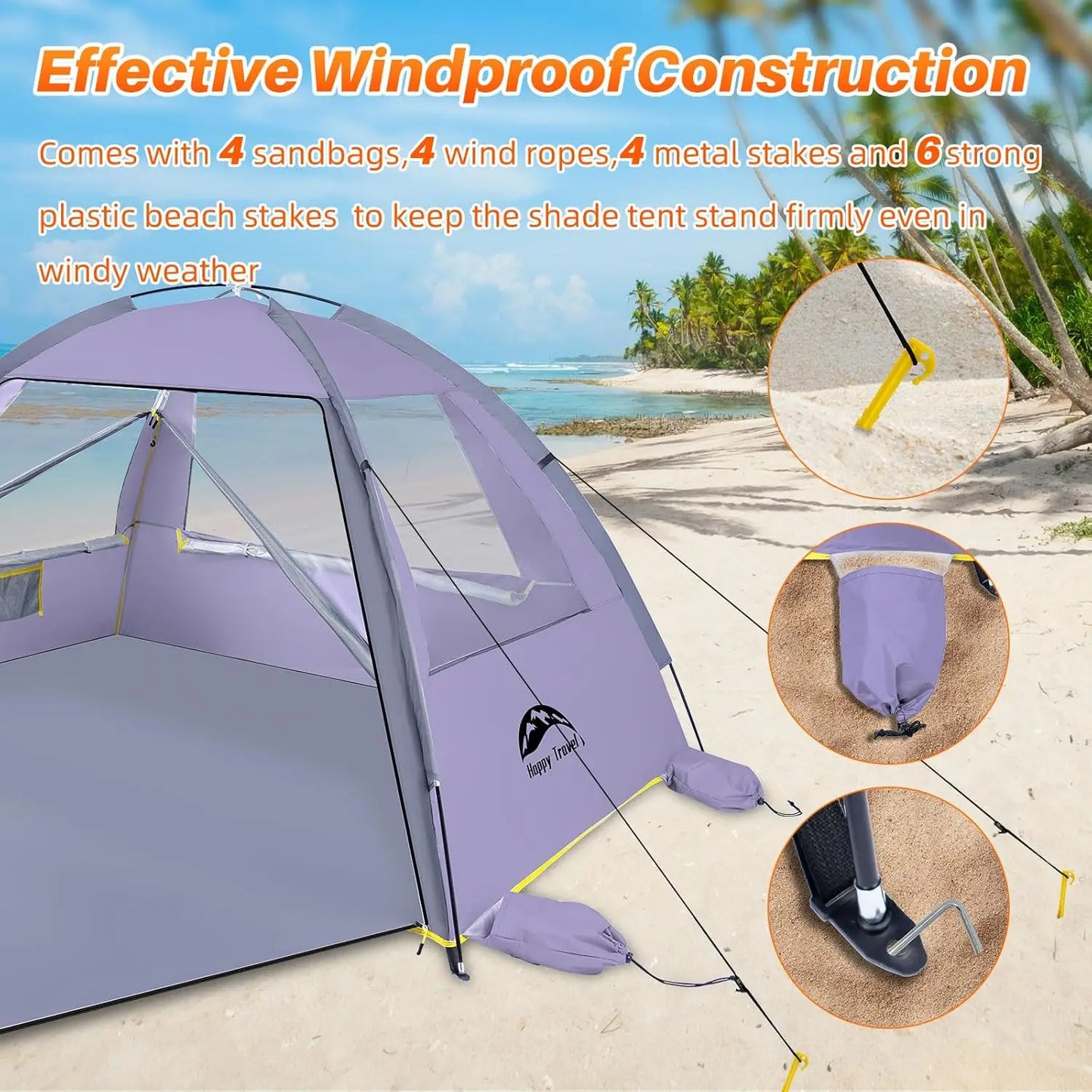 Beach Tent with UPF 50+ Sun Protection for 3 Person, Portable Canopy with Mesh Windows and Easy Setup for Family