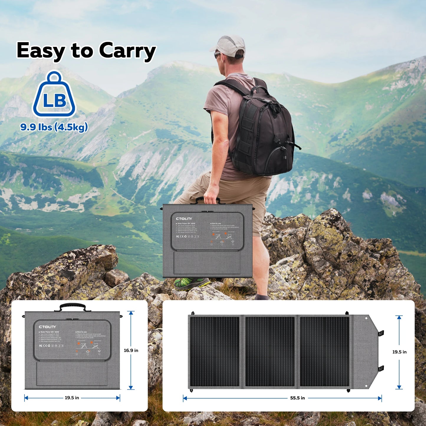 CTOLITY SP100 100W Portable Solar Panel 20.5V Foldable Solar Charger Flexible Solar Generator Power Station Camping Hiking