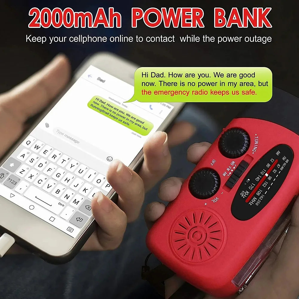 Solar Hand Crank Powered Camping Light with AM/FM Radio Outdoor 2000mAh USB Charging Multifunctional Hand Dynamo LED Flashlight