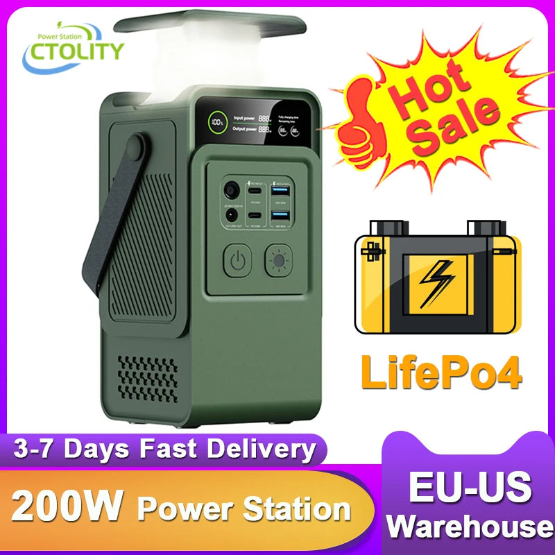 CTOLITY 200W Power Station Camping 192Wh Lifepo4 Power Bank 60000mAh Portable Charger Battery Emergency Power USB TYPE-C Port