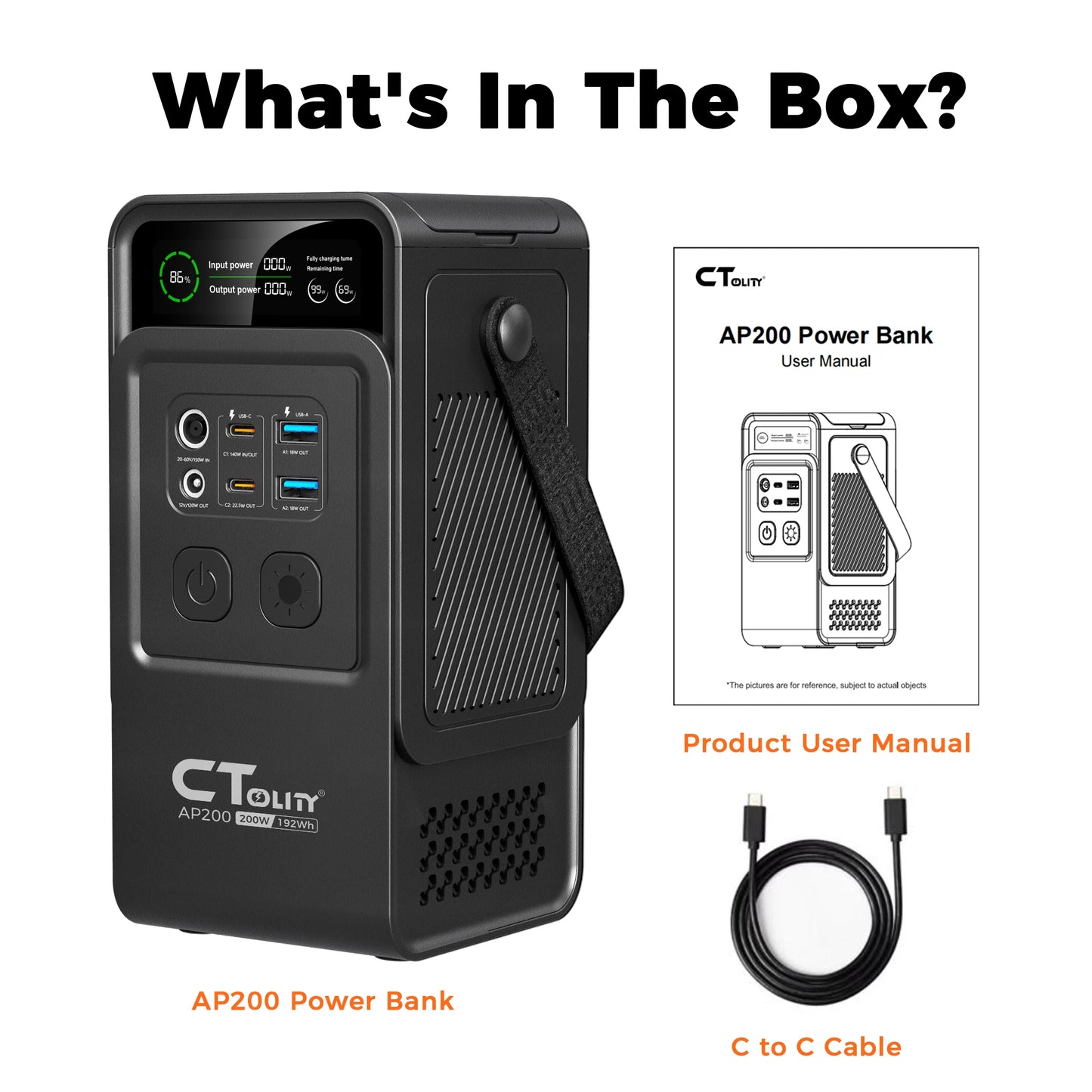 CTOLITY AP200 Handheld Portable Solar Generator 200W 192Wh Lifepo4 Battery 60000mAh Power Bank Camping 140W Ultra Fast Charging DC Charger