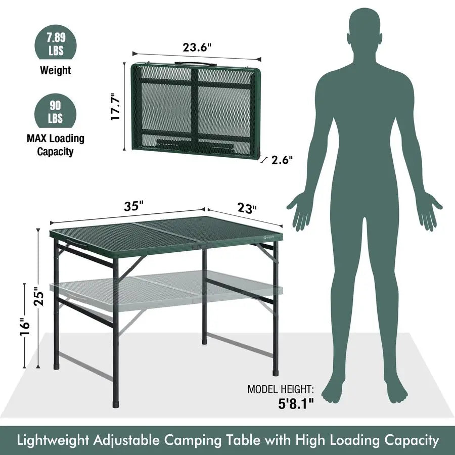 Grill Table, 3ft Folding Camping Table with Aluminum Adjustable Legs, Portable Lightweight Camp Table for Beach Picnics and Outd