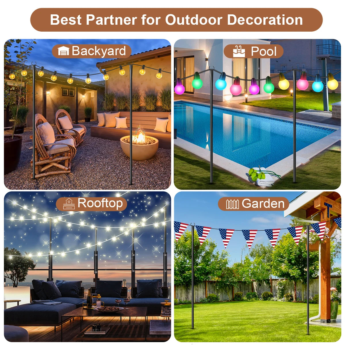 10Ft Metal String Light Poles with Fork, Waterproof Heavy-Duty Adjustable Hanging Lighting Stand for Patio Backyar Decor