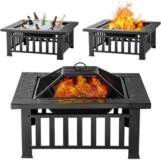 Fire Pit Table 32 Inch Square Metal Stove for Patio, Backyard, Garden | Multifunctional Outdoor Fireplace for Camping, Heating,