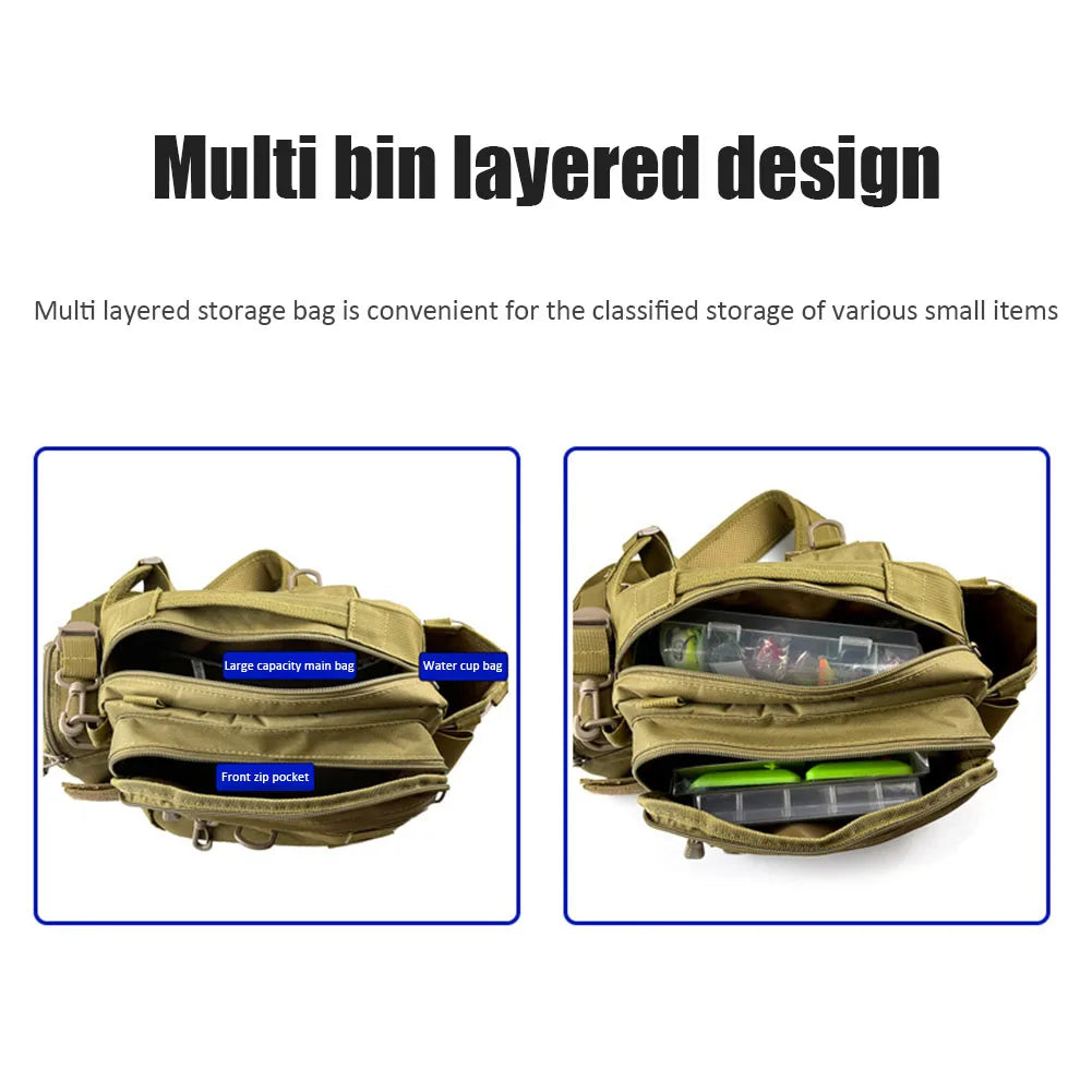 Fishing Tackle Bag Multi-Pocket Fishing Gear Bag Single Shoulder Fishing Storage Bag with Rod Holder for Fishing Hiking Hunting