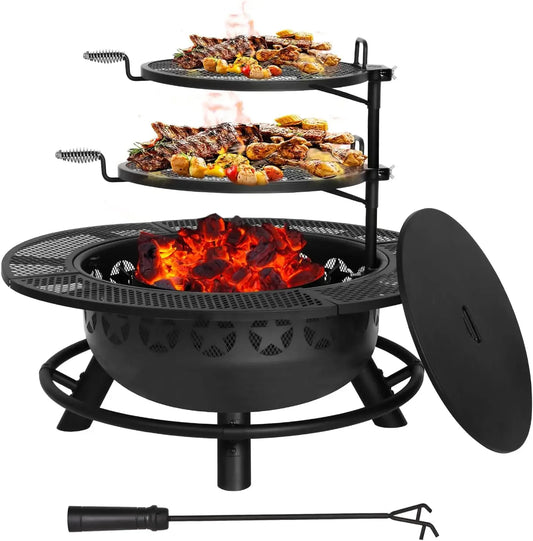 35 Inch Fire Pit with Cooking Grate , Outdoor Wood Burning BBQ Grill , Steel Round Table for Backyard Bonfire Patio Picnic