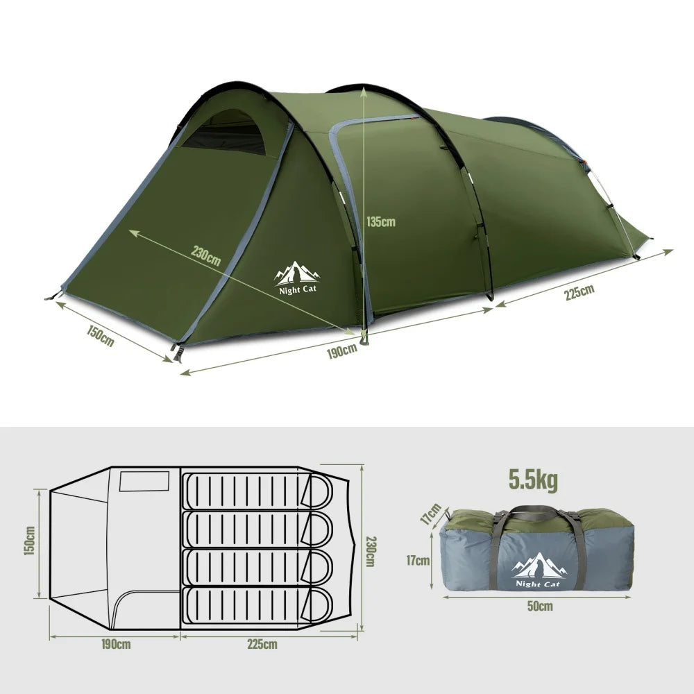 Night Cat 4 Person Tent with Porch: Portable Family Camping Tent Waterproof Tunnel Tents for Camping Outdoor Adventure