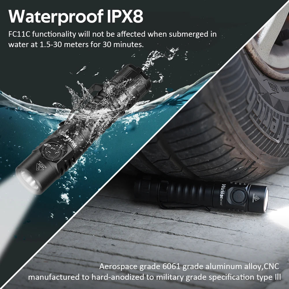 Wurkkos FC11C 519A USB-C Rechargeable EDC 18650 Flashlight Max Output 1200 LM IP68 Waterproof Magnetic Tail Hiking Travel Torch