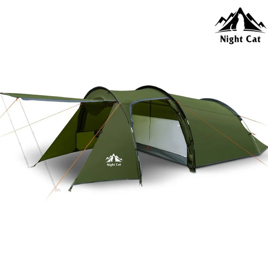 Night Cat 4 Person Tent with Porch: Portable Family Camping Tent Waterproof Tunnel Tents for Camping Outdoor Adventure