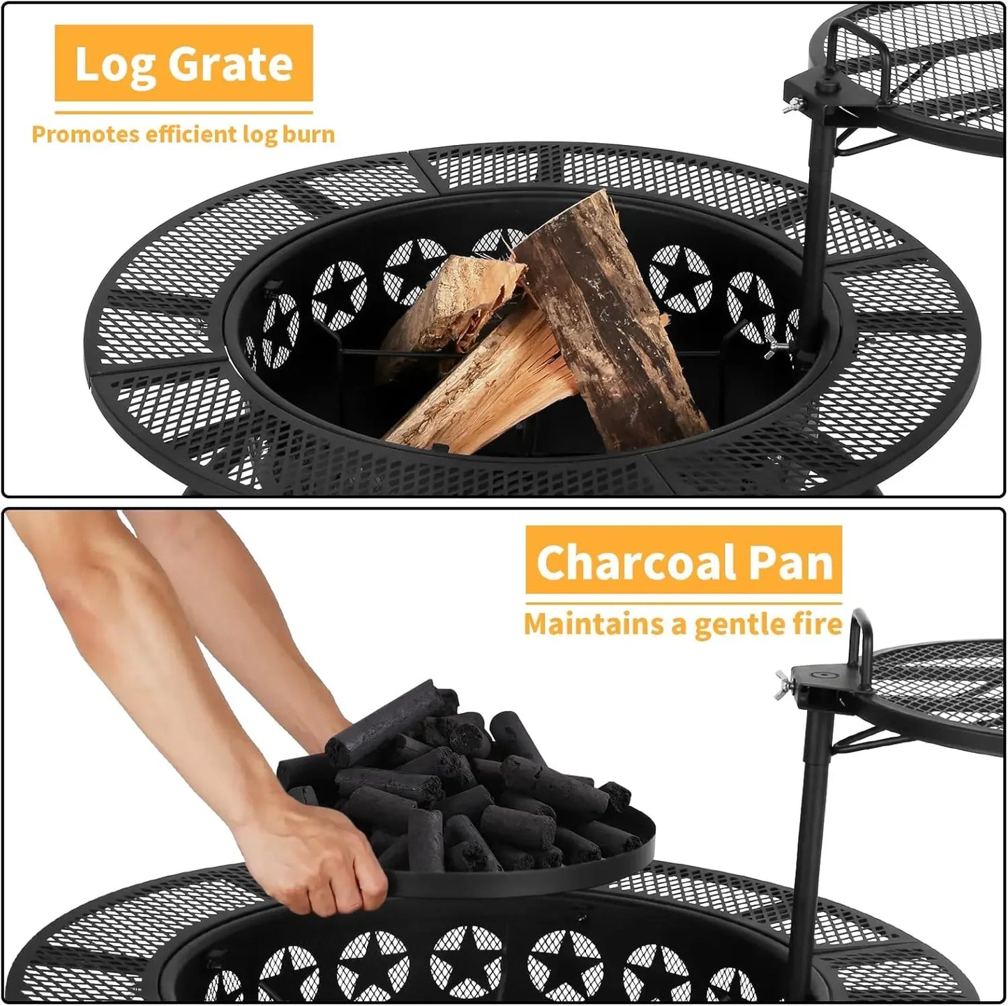 35 Inch Fire Pit with Cooking Grate , Outdoor Wood Burning BBQ Grill , Steel Round Table for Backyard Bonfire Patio Picnic