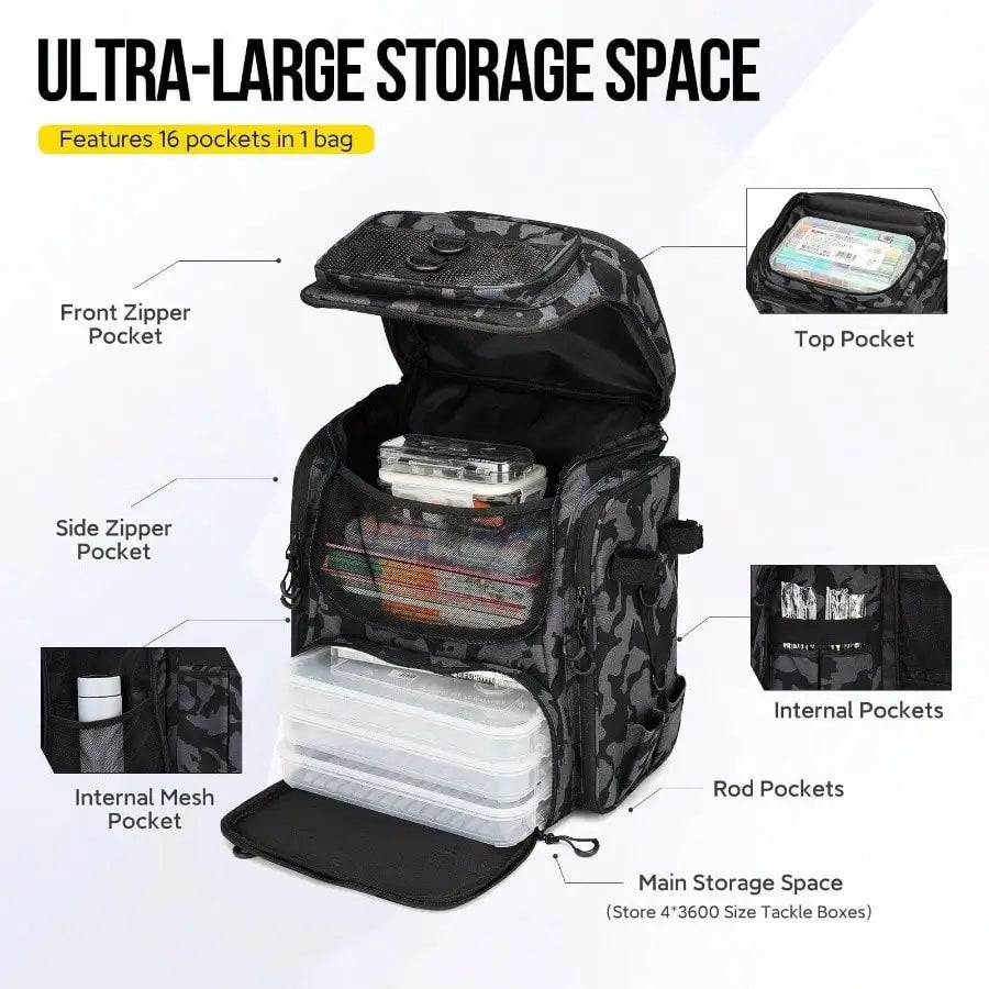 Fishing Tackle Backpack with Rod Holders 42L Large Storage Bag for Fishing Camping Hiking Outdoor Black Resistant