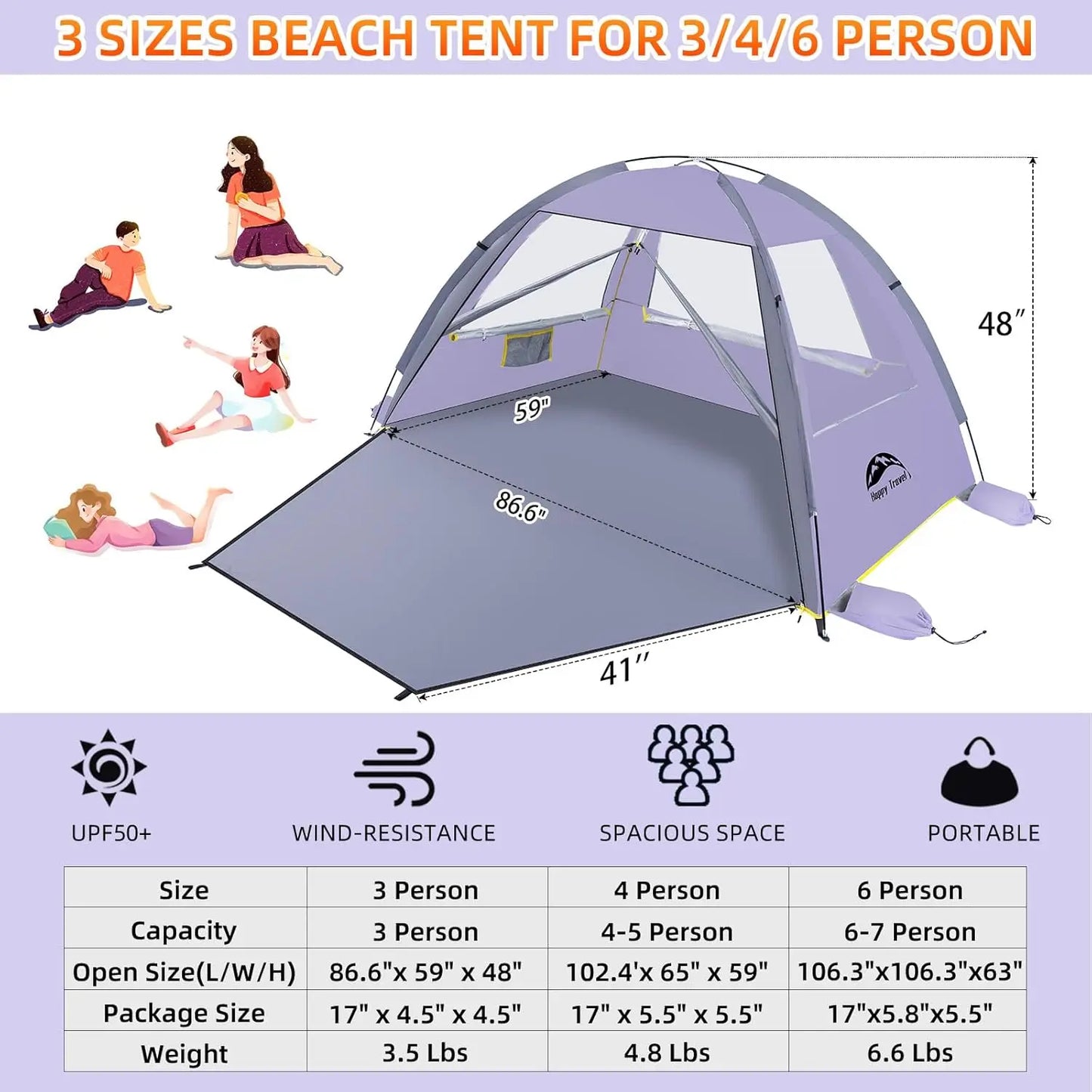 Beach Tent with UPF 50+ Sun Protection for 3 Person, Portable Canopy with Mesh Windows and Easy Setup for Family