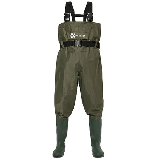 Duck and Fish PVC Chest Wader Boot Feet with Waist Belt for fishing, PVC material, black, waterproof and adjustable waist belt