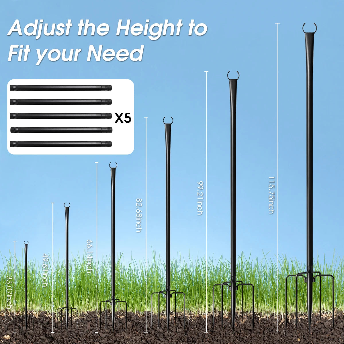 10Ft Metal String Light Poles with Fork, Waterproof Heavy-Duty Adjustable Hanging Lighting Stand for Patio Backyar Decor