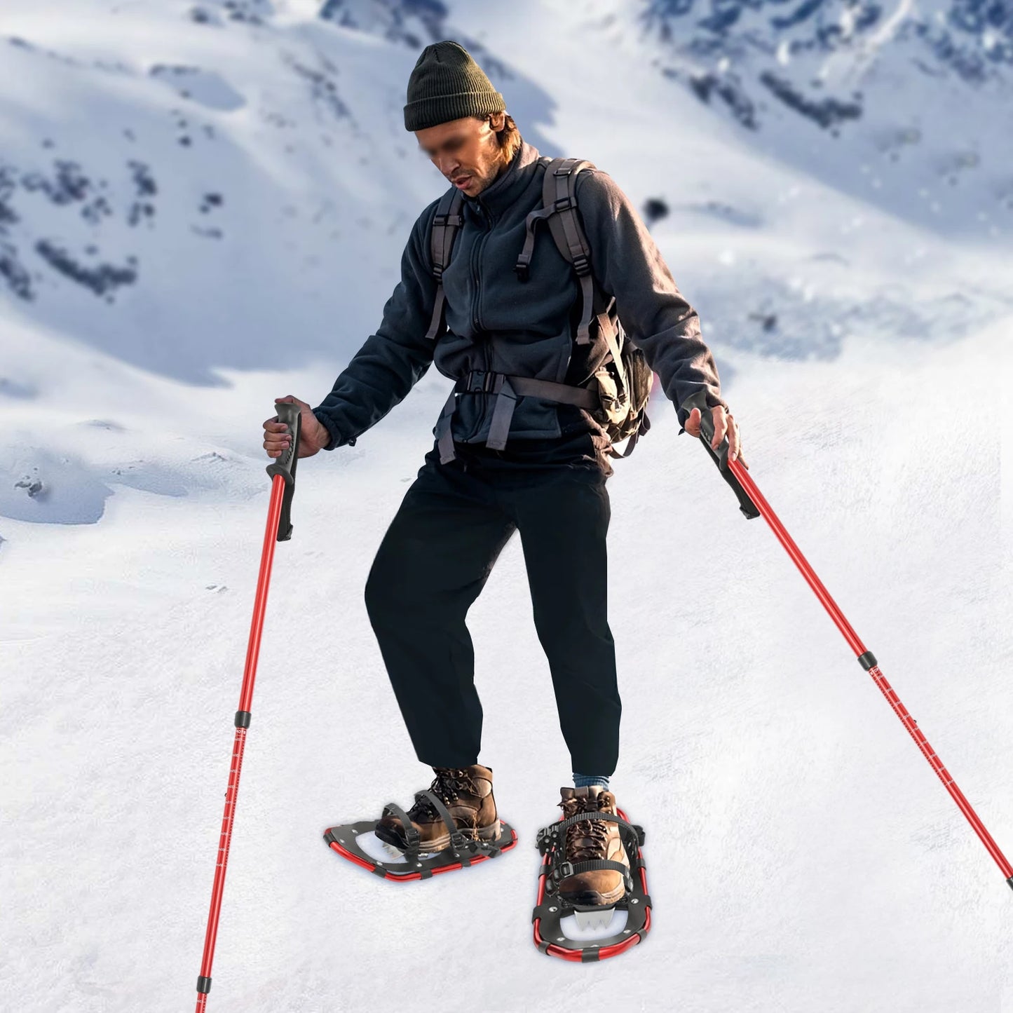 21 Inch Aluminum Snowshoes,Red Snowshoes& Adjuatable Trekking Poles Temperature Resistance -40°C for Men Women Youth 30-70kg