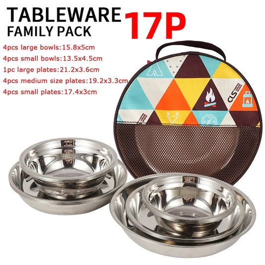 17/22Pcs Set Camping Stainless Steel Dinner Dish Plate Durable Outdoor Picnic Tableware Salad Bowl Food Container Picnic Travel