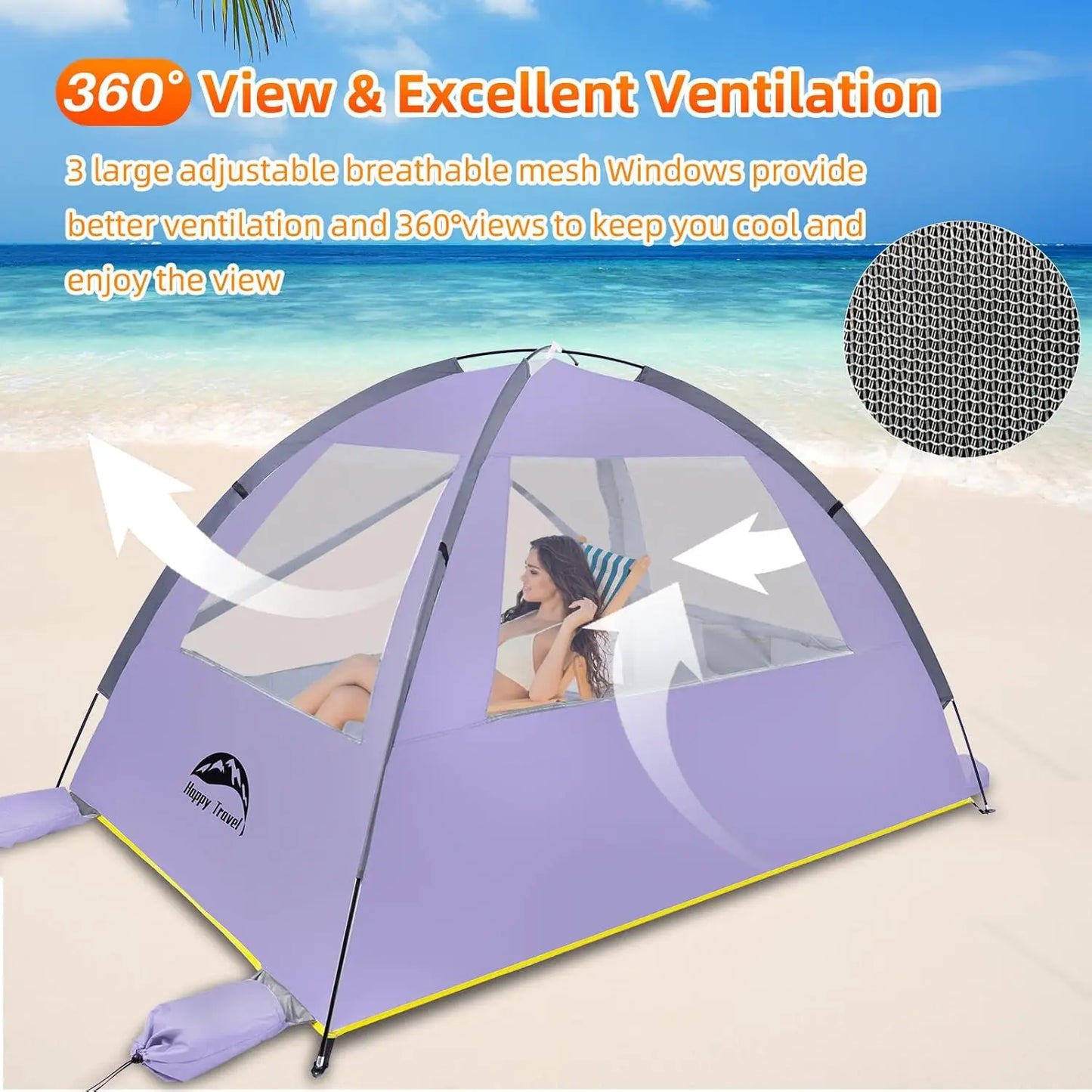 Beach Tent with UPF 50+ Sun Protection for 3 Person, Portable Canopy with Mesh Windows and Easy Setup for Family