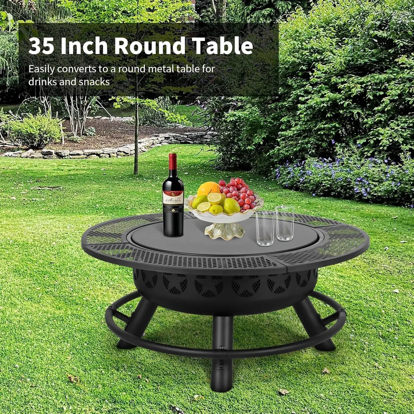 35 Inch Fire Pit with Cooking Grate , Outdoor Wood Burning BBQ Grill , Steel Round Table for Backyard Bonfire Patio Picnic