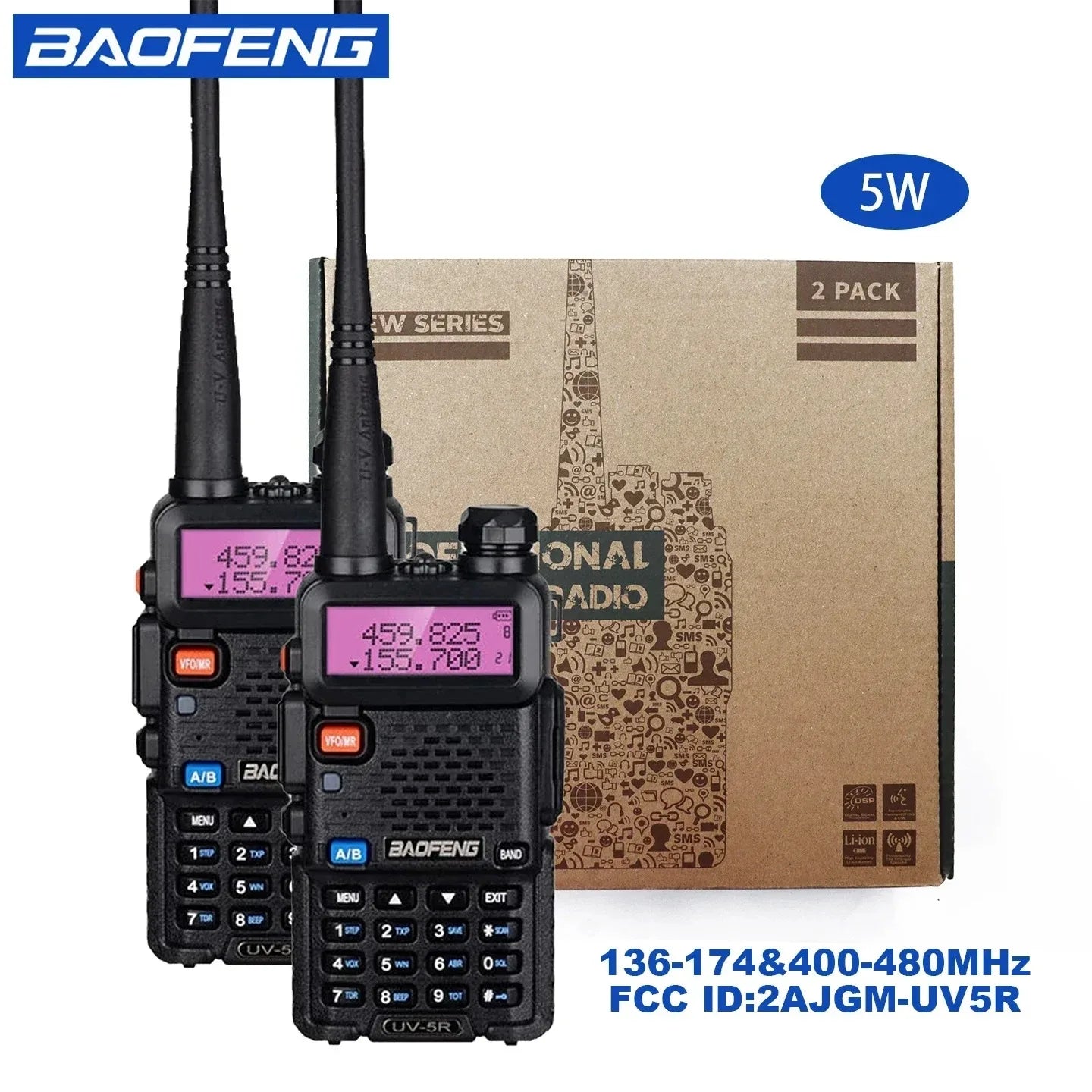 2pcs  UV-5R 5W 8W High Power Dual Band Two Way Radio Long Range Handheld Portable Walkies Talkies For Hunting