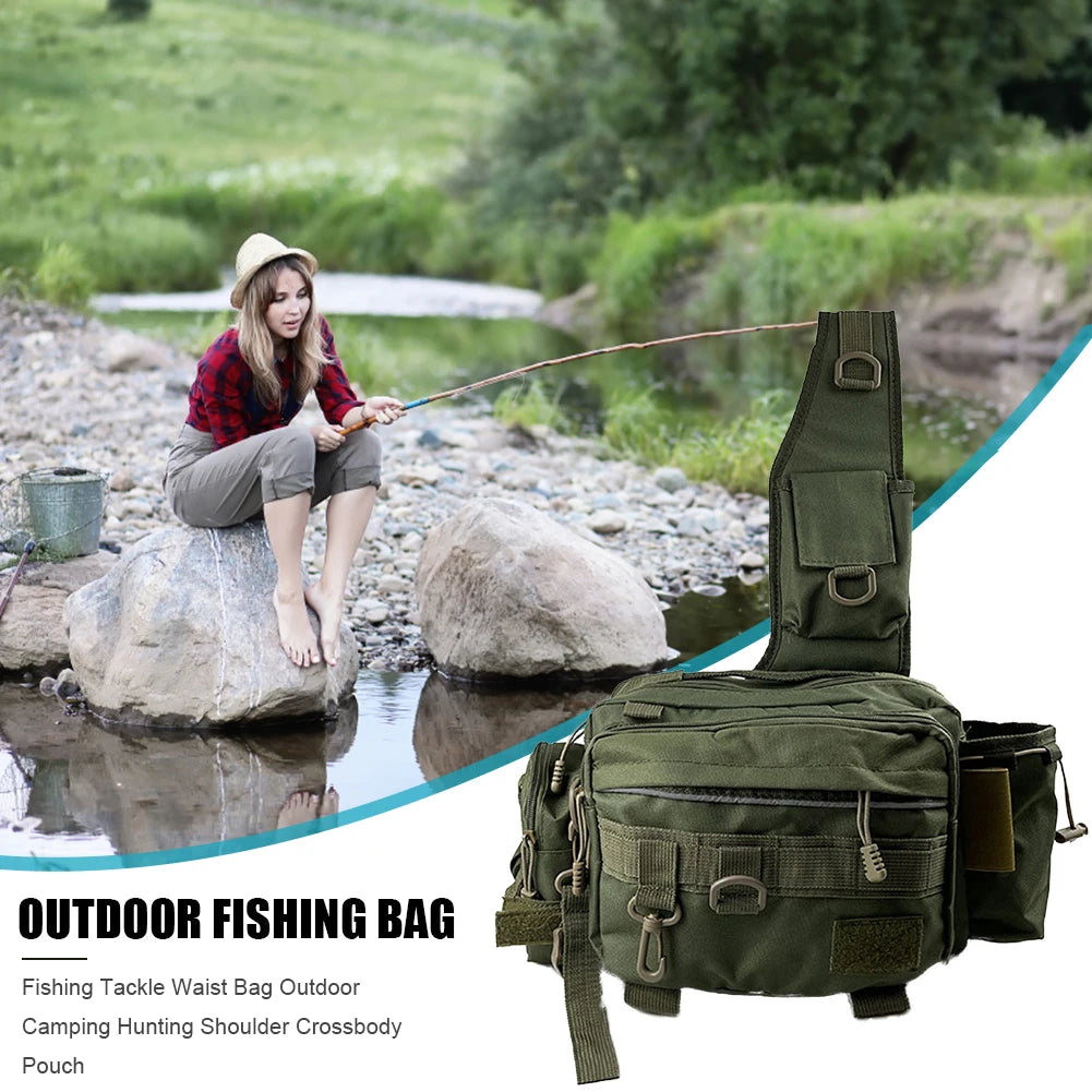 Fishing Tackle Bag Multi-Pocket Fishing Gear Bag Single Shoulder Fishing Storage Bag with Rod Holder for Fishing Hiking Hunting