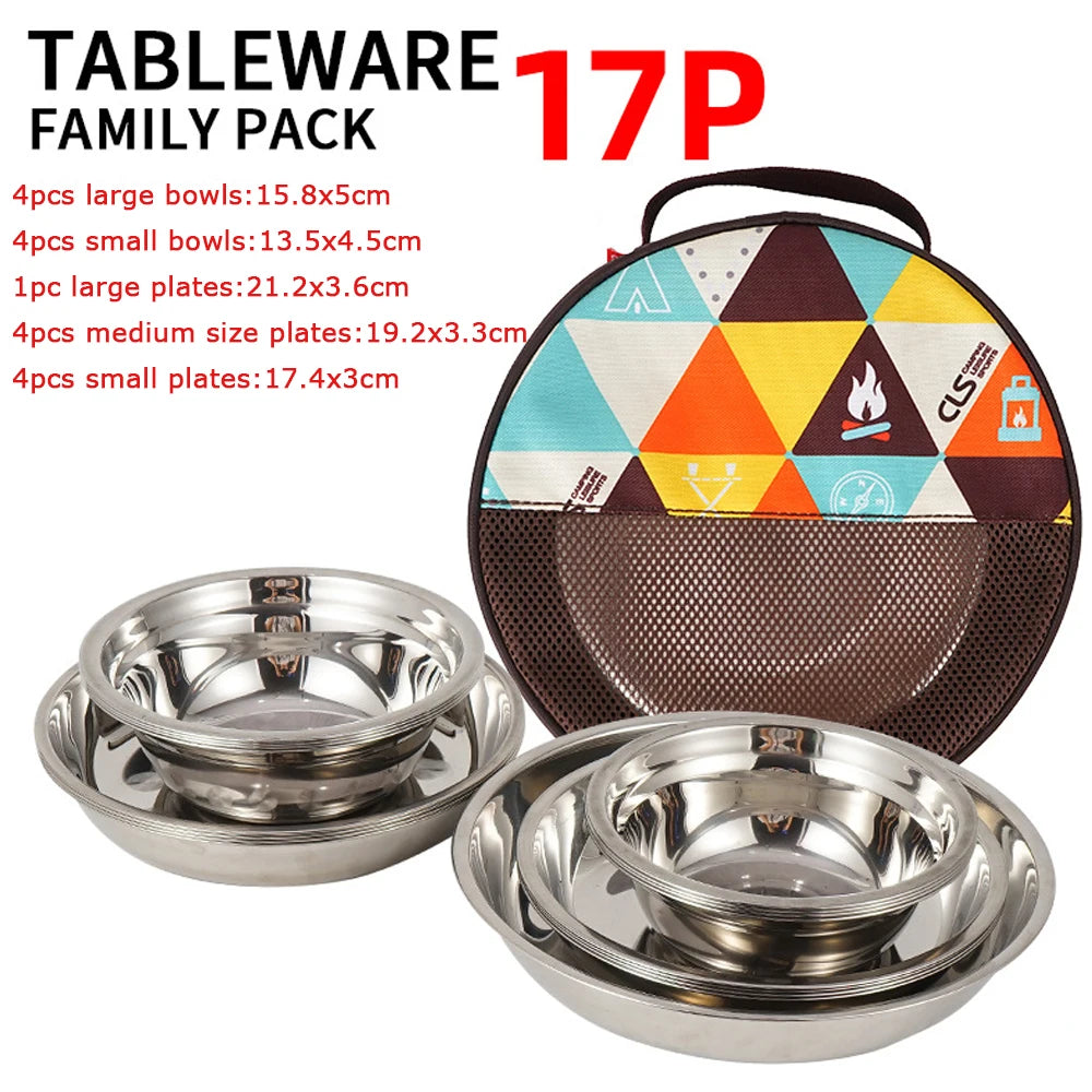 17/22Pcs Set Camping Stainless Steel Dinner Dish Plate Durable Outdoor Picnic Tableware Salad Bowl Food Container Picnic Travel