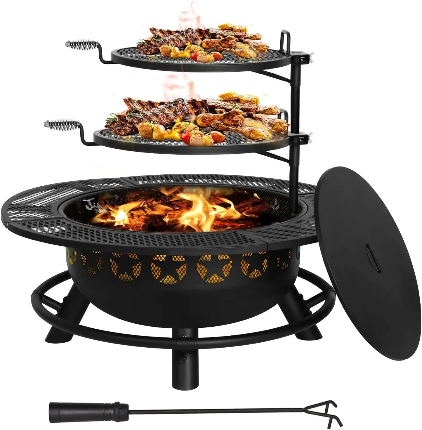 35 Inch Fire Pit with Cooking Grate , Outdoor Wood Burning BBQ Grill , Steel Round Table for Backyard Bonfire Patio Picnic