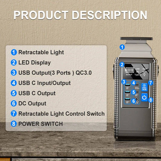 296Wh Solar Generator 100W PD – 80000mAh Portable Power Station with Retractable Spotlight and AC Power Socket for Outdoor Campi