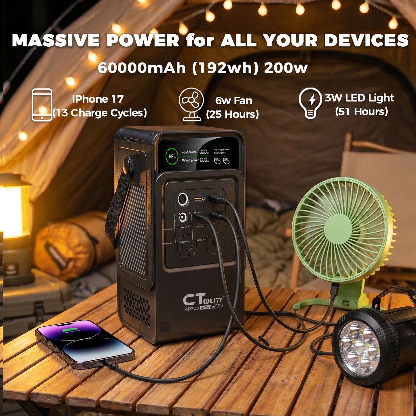 CTOLITY AP200 Handheld Portable Solar Generator 200W 192Wh Lifepo4 Battery 60000mAh Power Bank Camping 140W Ultra Fast Charging DC Charger