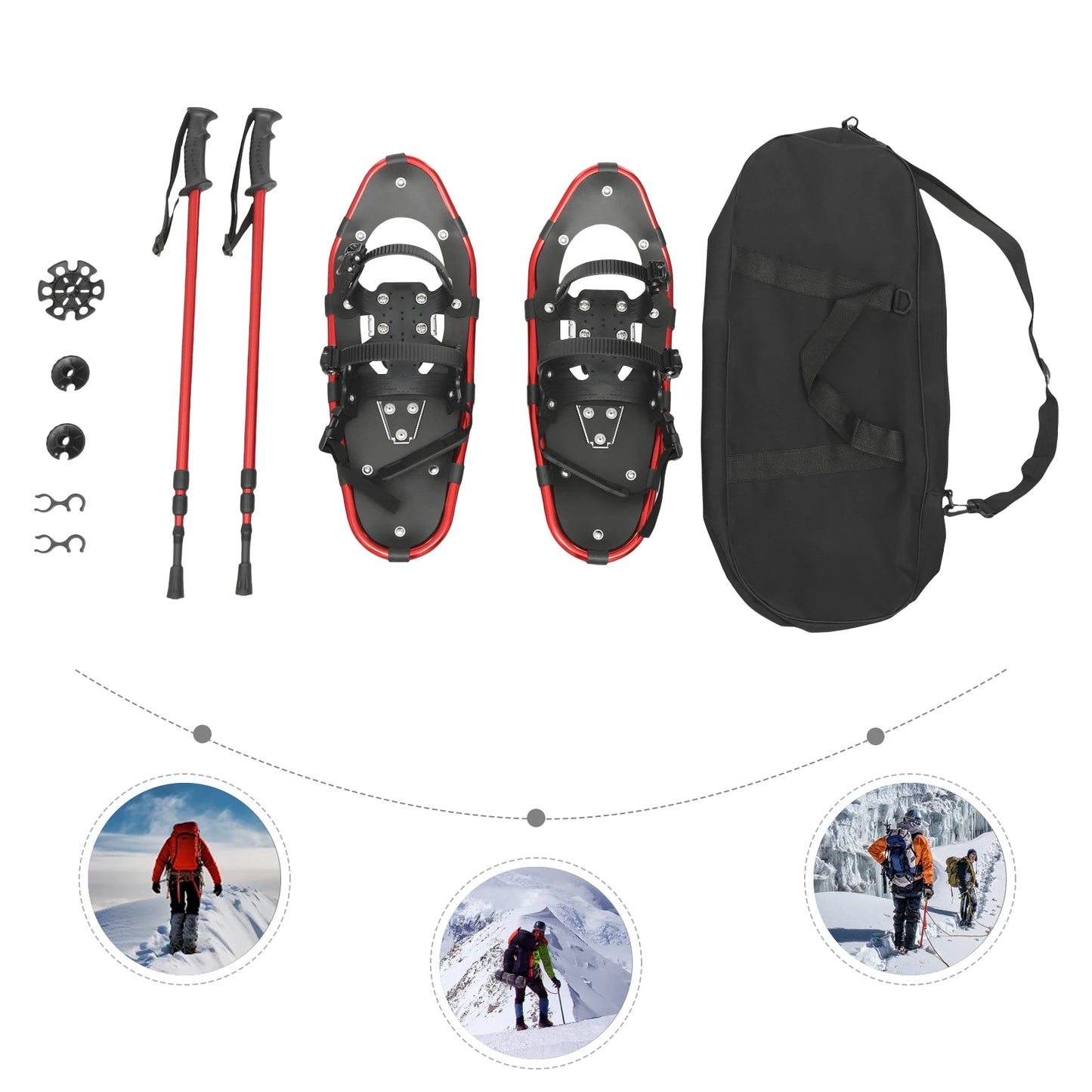 21 Inch Aluminum Snowshoes,Red Snowshoes& Adjuatable Trekking Poles Temperature Resistance -40°C for Men Women Youth 30-70kg