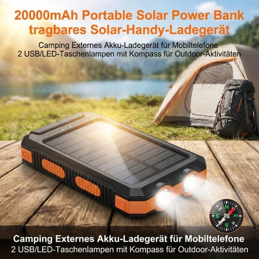 Solar Power Bank10000/20000MAH Portable Fast, Equipped with 4 Dual USB Ports And Type-C/Micro USB Input Ports, Built-in 2.4W LED Flashlight/compass, Suitable for All Mobile Devices, Travel And Camping Backup Power, Practical
