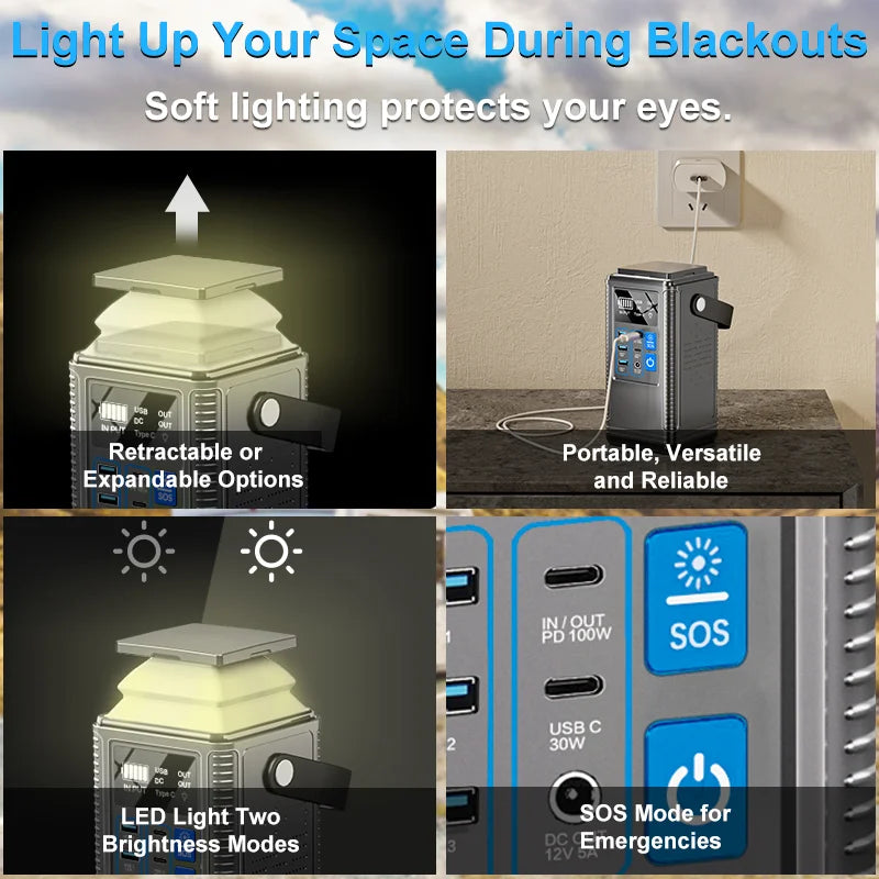 296Wh Solar Generator 100W PD – 80000mAh Portable Power Station with Retractable Spotlight and AC Power Socket for Outdoor Campi