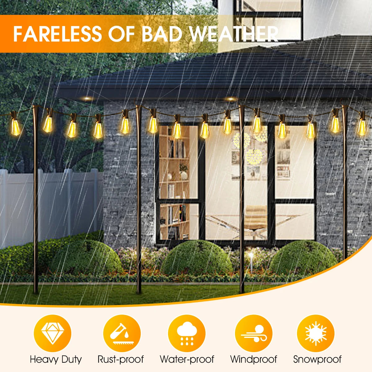 10Ft Metal String Light Poles with Fork, Waterproof Heavy-Duty Adjustable Hanging Lighting Stand for Patio Backyar Decor