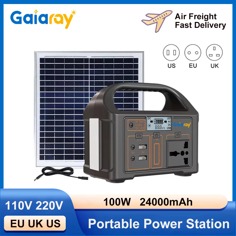 Portable Power Station 100W Solar Generator Emergency Power Bank 220V 110V Camping Charging Station 24000mAh LiFePO4 Power Plant