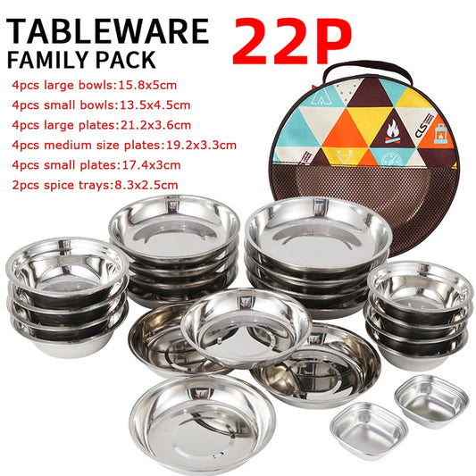17/22Pcs Set Camping Stainless Steel Dinner Dish Plate Durable Outdoor Picnic Tableware Salad Bowl Food Container Picnic Travel