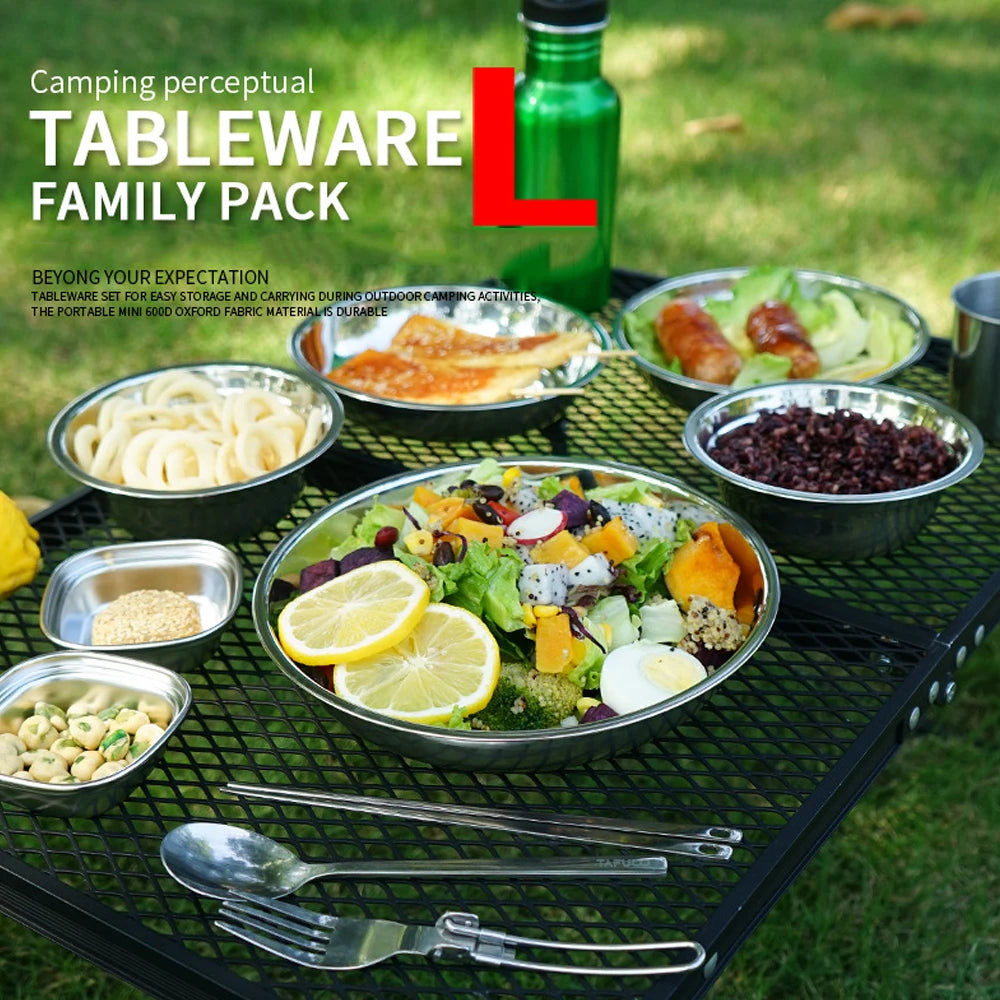 17/22Pcs Set Camping Stainless Steel Dinner Dish Plate Durable Outdoor Picnic Tableware Salad Bowl Food Container Picnic Travel