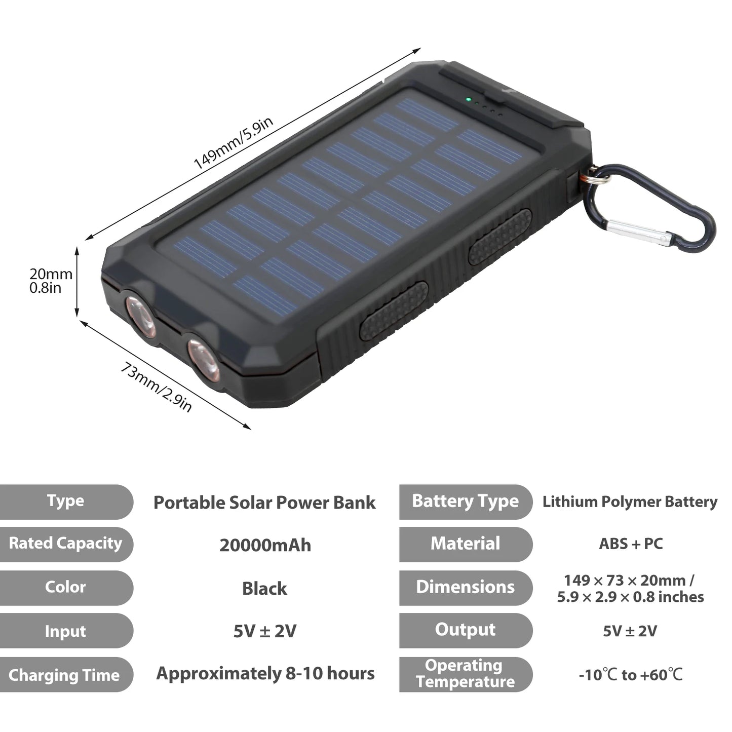 20000mAh Solar Charger Waterproof Portable Solar Power Bank Dual 5V USB Ports 2 LED Flashlight Compass for Outdoor Camping Hik