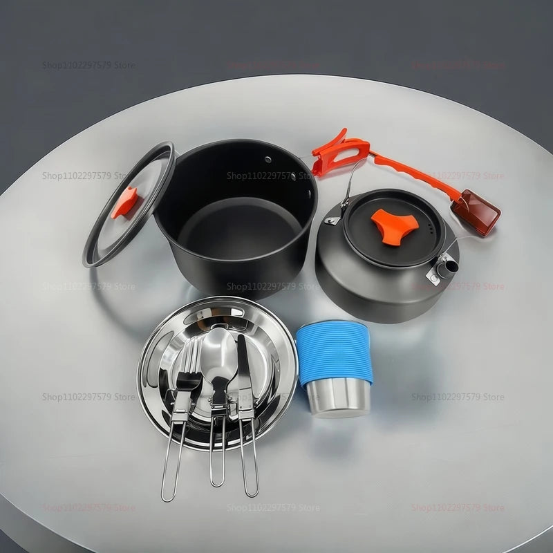 Outdoor Camping Cookware Set for 2-3 Persons Including Folding Pot Kettle with Tableware Portable Backpacking Stove Kit