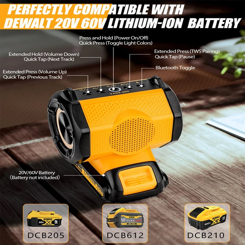 30W Cordless Speaker Bluetooth Player Loudspeaker Amplifier for Dewalt 18V 20V Li-ion Battery Jobsites, Home and Party