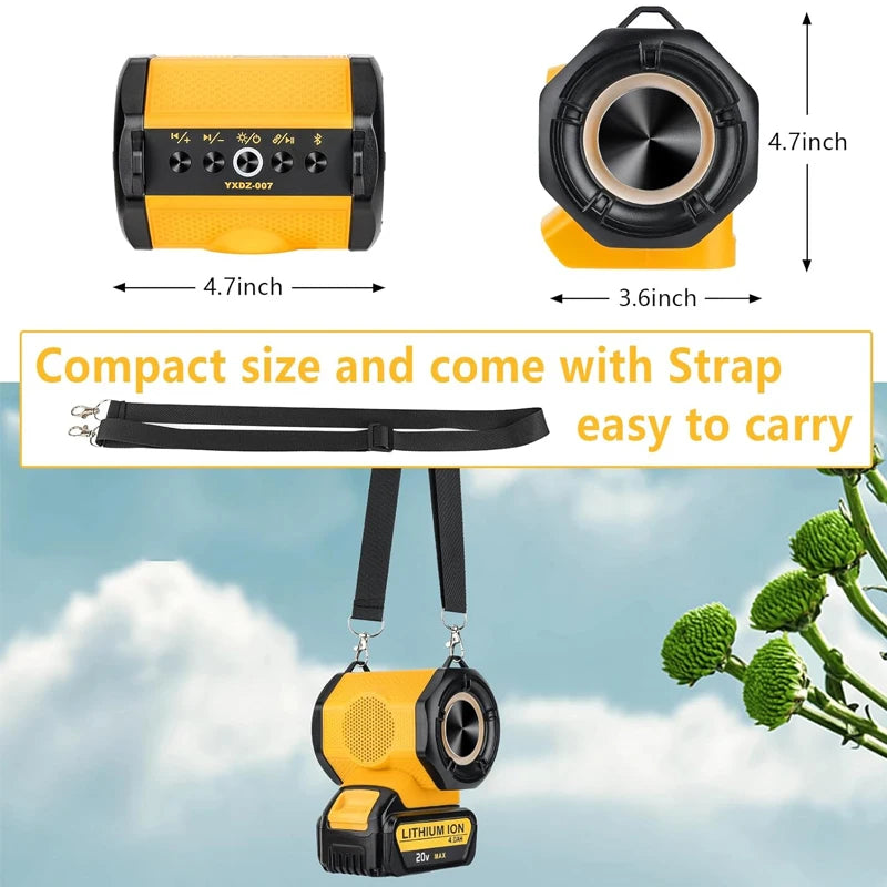 30W Cordless Speaker Bluetooth Player Loudspeaker Amplifier for Dewalt 18V 20V Li-ion Battery Jobsites, Home and Party