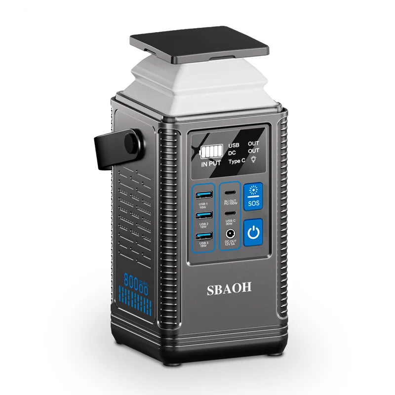 296Wh Solar Generator 100W PD – 80000mAh Portable Power Station with Retractable Spotlight and AC Power Socket for Outdoor Campi