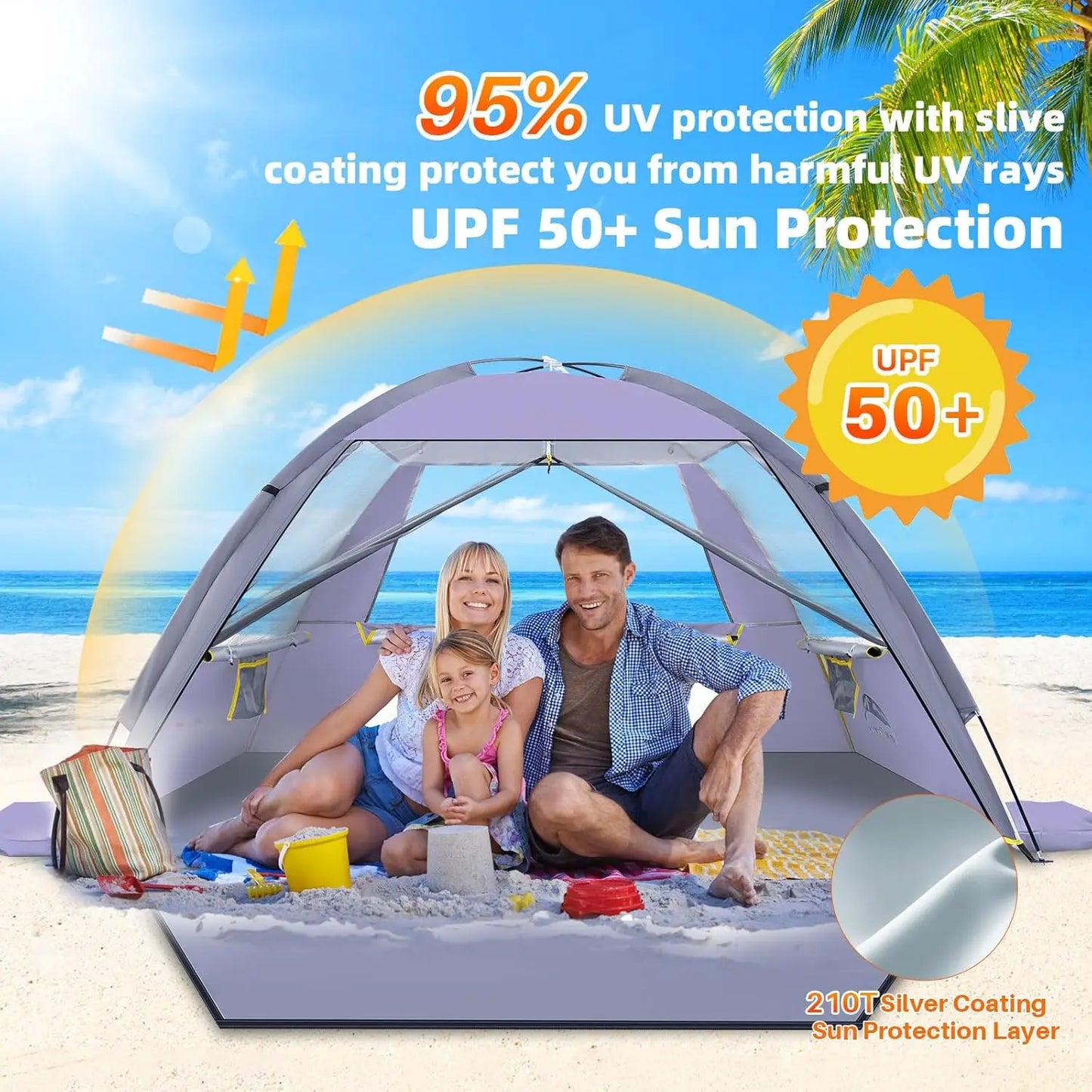 Beach Tent with UPF 50+ Sun Protection for 3 Person, Portable Canopy with Mesh Windows and Easy Setup for Family