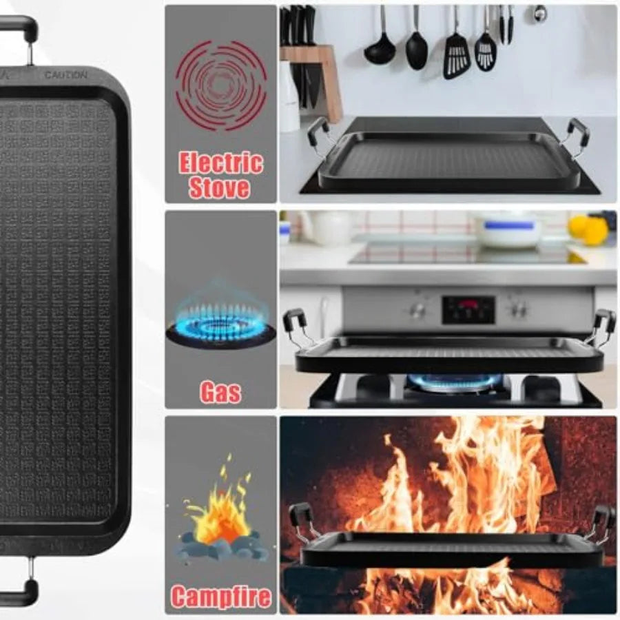 Stove Top Flat Griddle 2 Burner Griddle Pan for Stove Top Grill Alumum Pancake pan Non-Stick Charcoal Grill For Outdoor/Campg