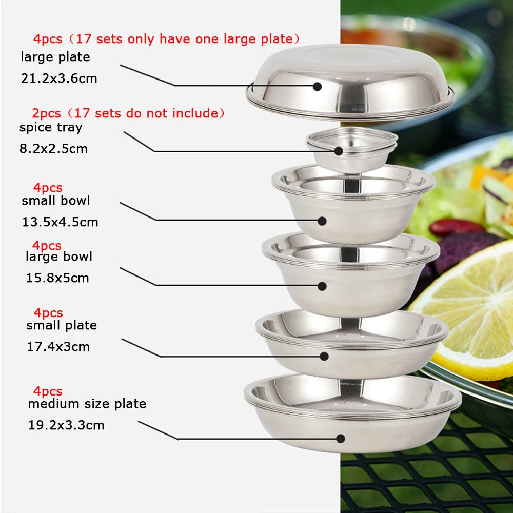 17/22Pcs Set Camping Stainless Steel Dinner Dish Plate Durable Outdoor Picnic Tableware Salad Bowl Food Container Picnic Travel