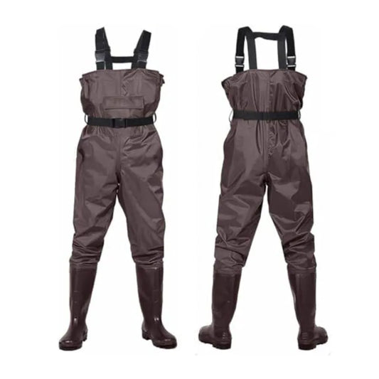 Hunting and fishing chest waders with boots, 2-ply PVC/nylon waterproof material, camo color, lightweight and durable