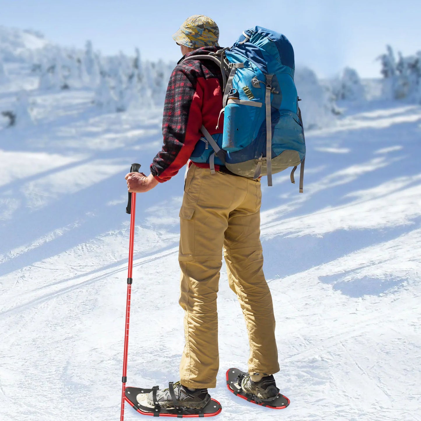 21 Inch Aluminum Snowshoes,Red Snowshoes& Adjuatable Trekking Poles Temperature Resistance -40°C for Men Women Youth 30-70kg