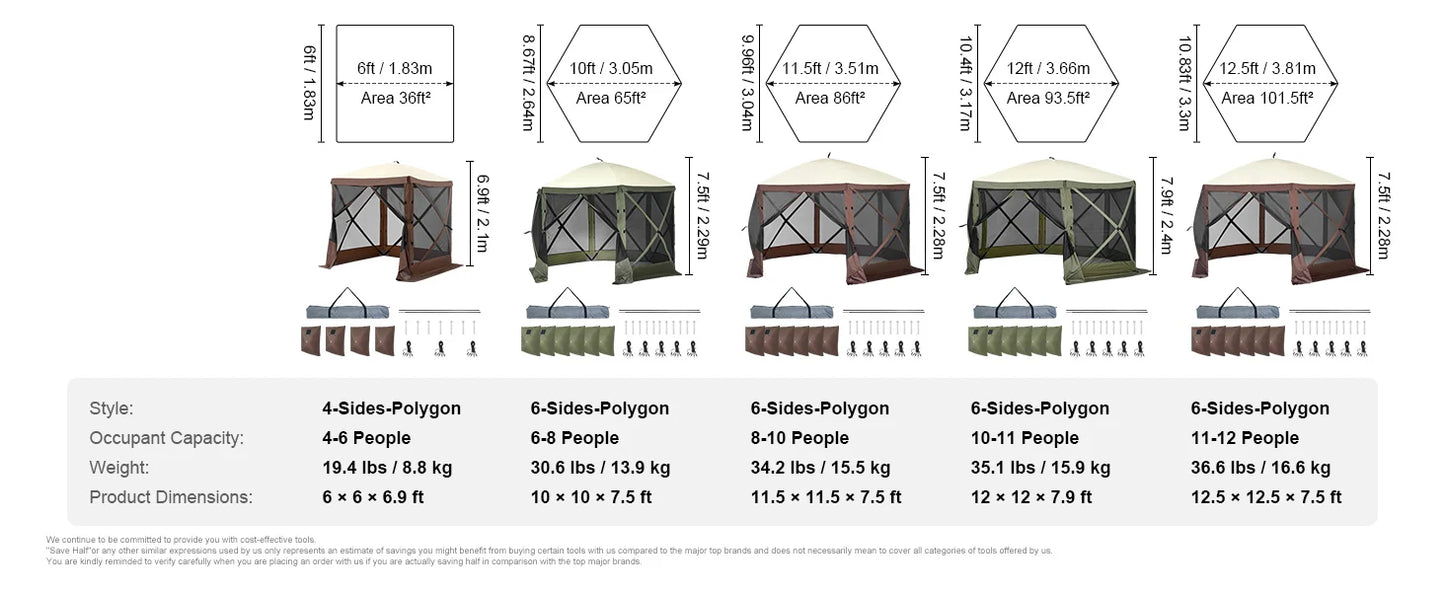 SucceBuy Pop Up Gazebo Tent, Pop-Up Screen Tent 6 Sided Canopy Sun Shelter with 6 Removable Privacy Wind Cloths & Mesh Windows