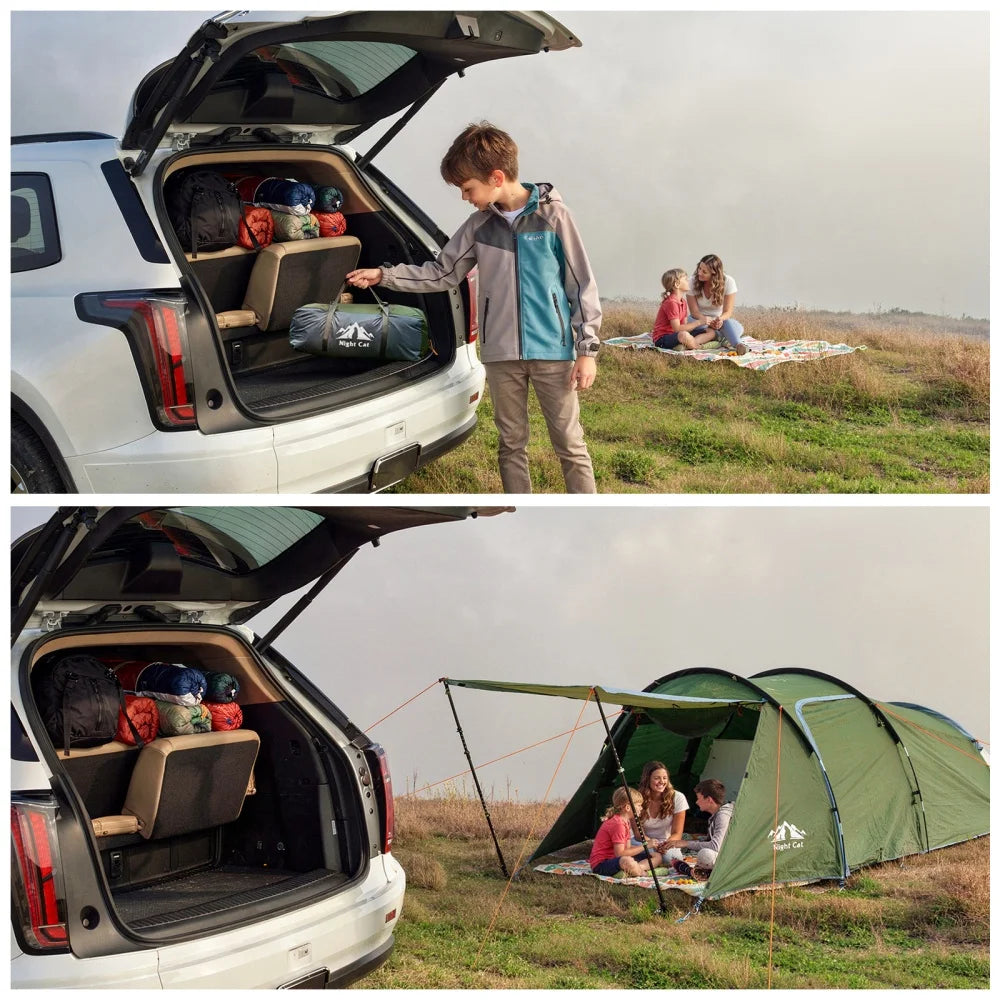 Night Cat 4 Person Tent with Porch: Portable Family Camping Tent Waterproof Tunnel Tents for Camping Outdoor Adventure