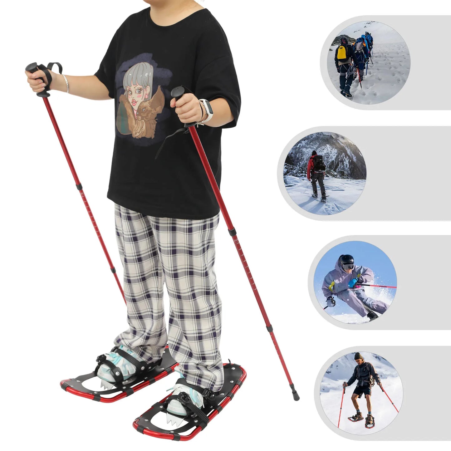 21 Inch Aluminum Snowshoes,Red Snowshoes& Adjuatable Trekking Poles Temperature Resistance -40°C for Men Women Youth 30-70kg